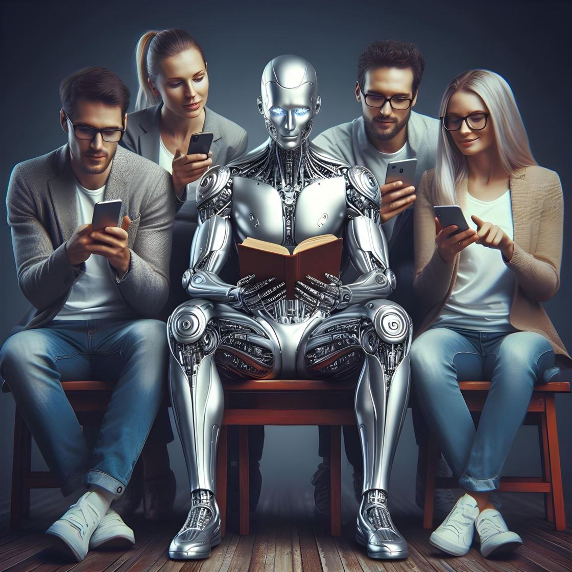An AI robot reading a book alongside a team of people on their phones