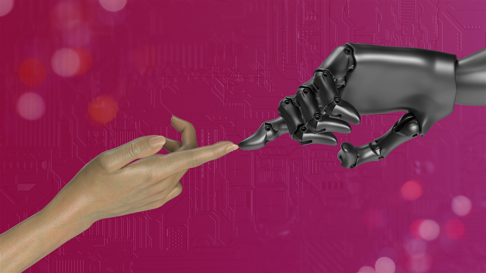 A human hand and an AI robot hand reaching toward each other