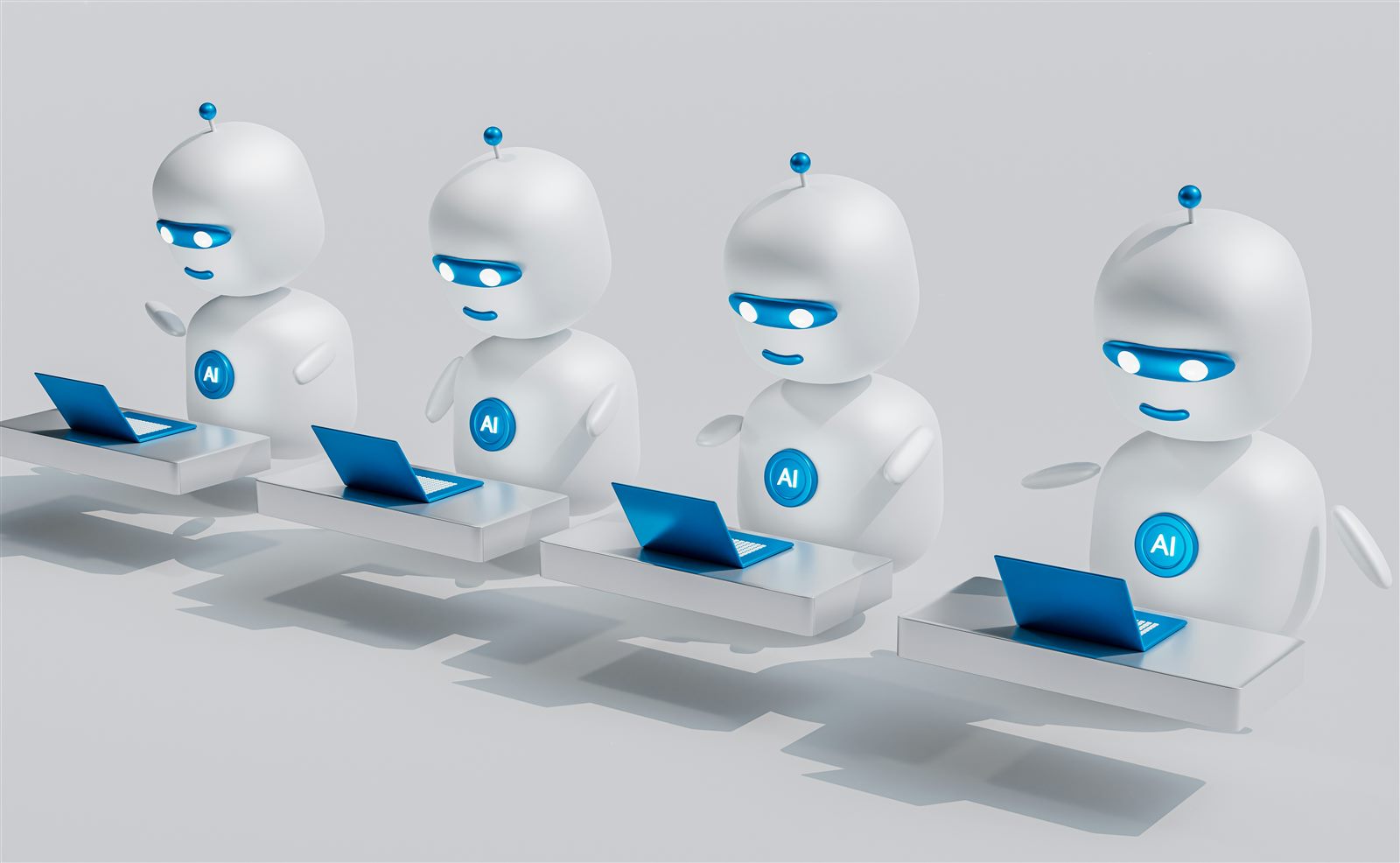 A row of AI robot assistants working on laptops